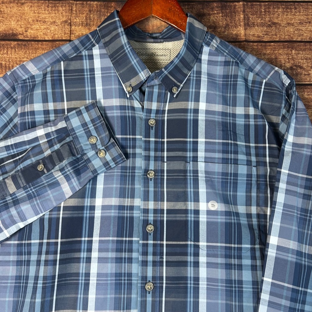 Eddie Bauer Mens Travex Mountain Blue Plaid Long Sleeve Performance Shirt Tall L
